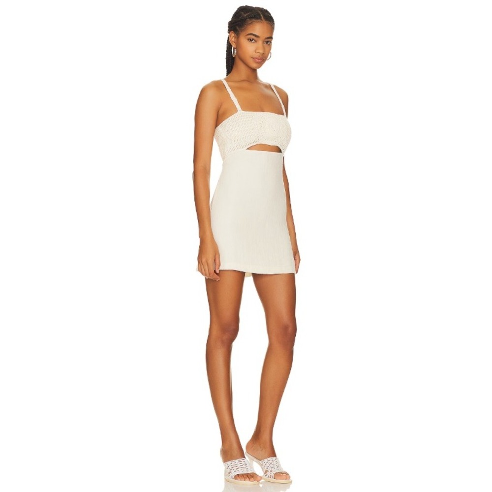 L'Academie Lea Dress Linen Crochet Cutout Mini Dress Smock Back Cream White M - Picture 3 of 11